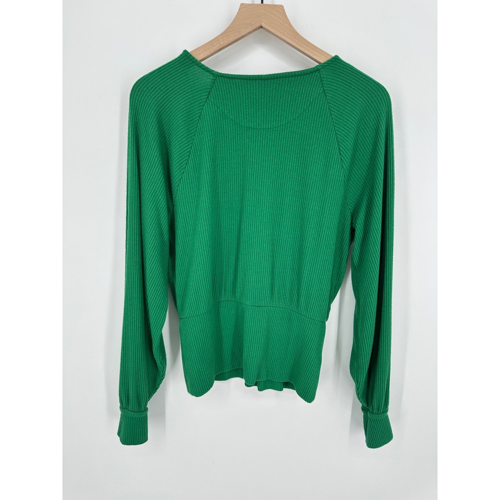 Anthropologie Top Womens Large Green Ribbed Surplice Balloon Work Office - Picture 9 of 9